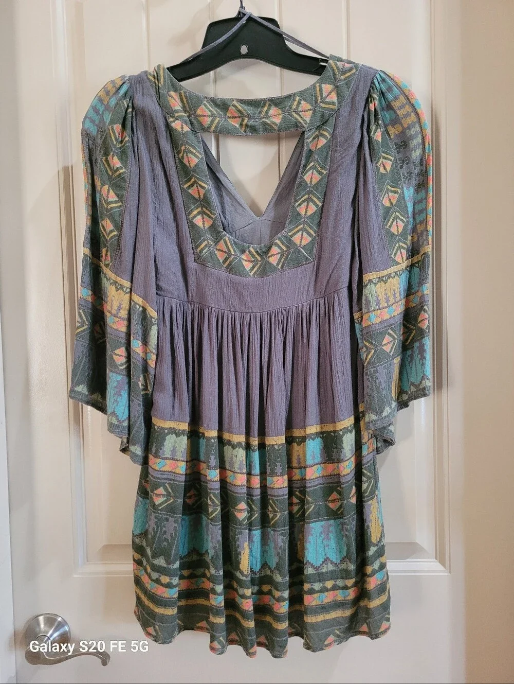 Free People Boho V-Neck Embroidered Grey & Teal Women's Blouse